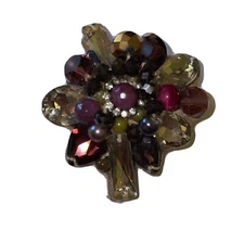 Beaded & Sewn Brown & Clear Brooch Pin--undated, preowned, in good condition