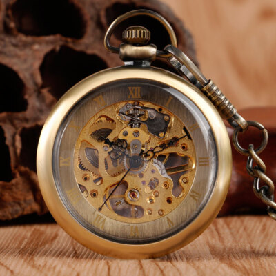 Retro Bronze Open Face Roman Numbers Mechanical Hand Winding Pocket Watch Chain