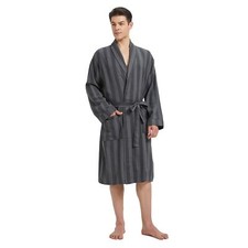 Mens 75 Cotton Flannel Shawl Collar Calf-Length Robe 3XL-4XL Gray Black Stripe