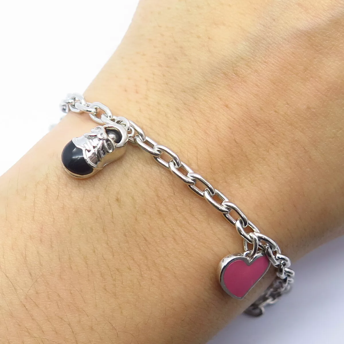 925 Sterling Silver Real Diamond Enamel Assorted Charms Link