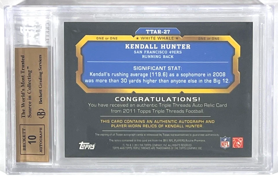 2011 Topps Triple Threads White Whale Kendall Hunter RC 1/1 BGS 9.5 w/10 Auto - Image 2 of 2