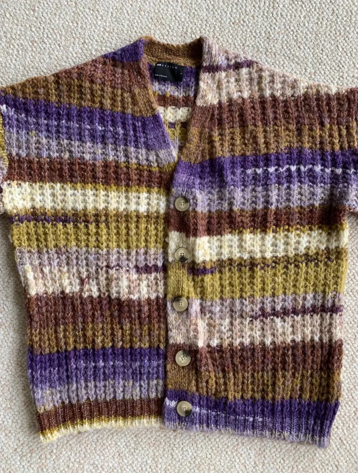 asos design chunky knit stripe cardigan brown space dye tan size S-M to fit 38 - Image 2 of 4