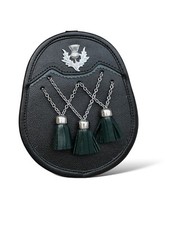 Men's Scottish Thistle Badge Black Leather Sporran 3 Tassels With Chain Strap