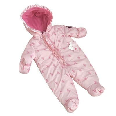 US POLO ASSN. Baby Girl Size 6-9 M Pink Winter Snowsuit Hooded Jumpsuit Logo NWT