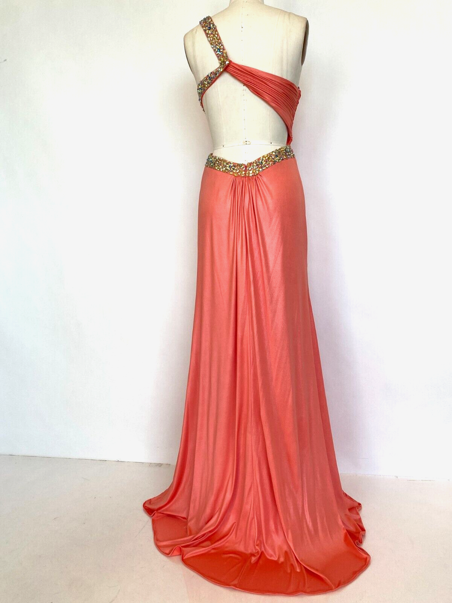 パーティードレス One Shoulder Beaded Gown in Coral One Shoulder Embellished Swirl Gown 34010 | Jovani