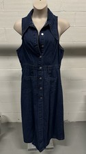 Blue Sleeveless Denim Collared Button-Front Shirt Midi Dress with Pockets