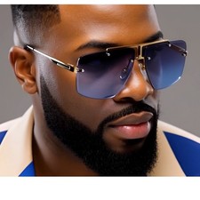 Men Rimless Square Sunglasses Gradient Blue Lens Gold Frame Oversized Fashion