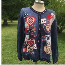 VTG Heirloom Collectibles Patchwork Heart Embroidered Cardigan Sweater Women L