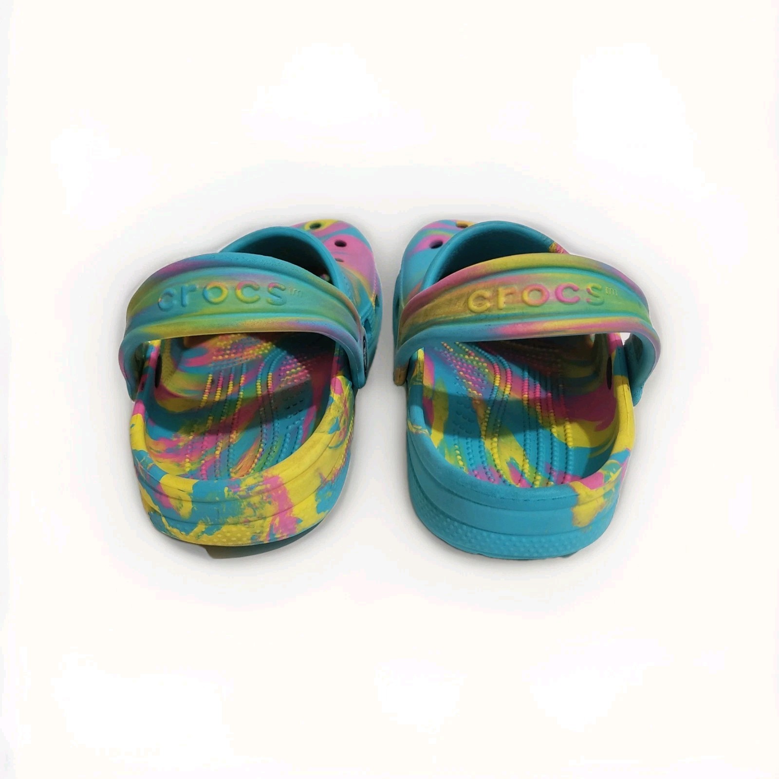 Classic Digital Aqua Multi Colored Marbled Tie Dye Crocs Clogs Kids J2 Maintaine image 4