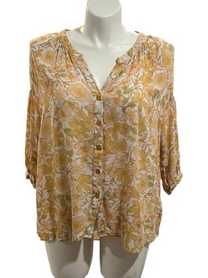 Dear John  Lightweight Yellow Floral Blouse Sz L Peasant Cottagecore Rayon Hi-Lo