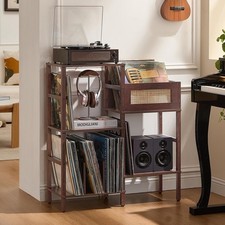 LELELINKY Record Player Stand, Vintage Walnut Wood Record Holder with Vinyl Stor