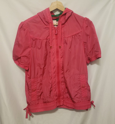 Juicy Couture Nylon Jacket Women Large Lily Pink Short Sleeve Hooded Full Zip
