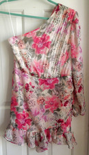 NEW SOFT FLOWING WHITE w/PINK FLORAL EXPRESS OFF SHOULDER LONG SLEEVE DRESS MED