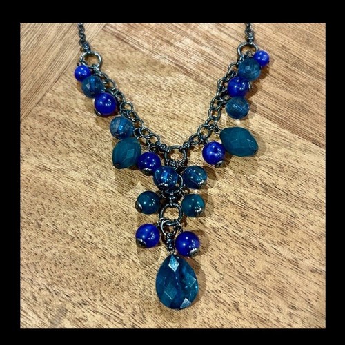 💙Cobalt Blue, Sapphire and bluish/teal Beaded Y Necklace Boho Evening Wear
