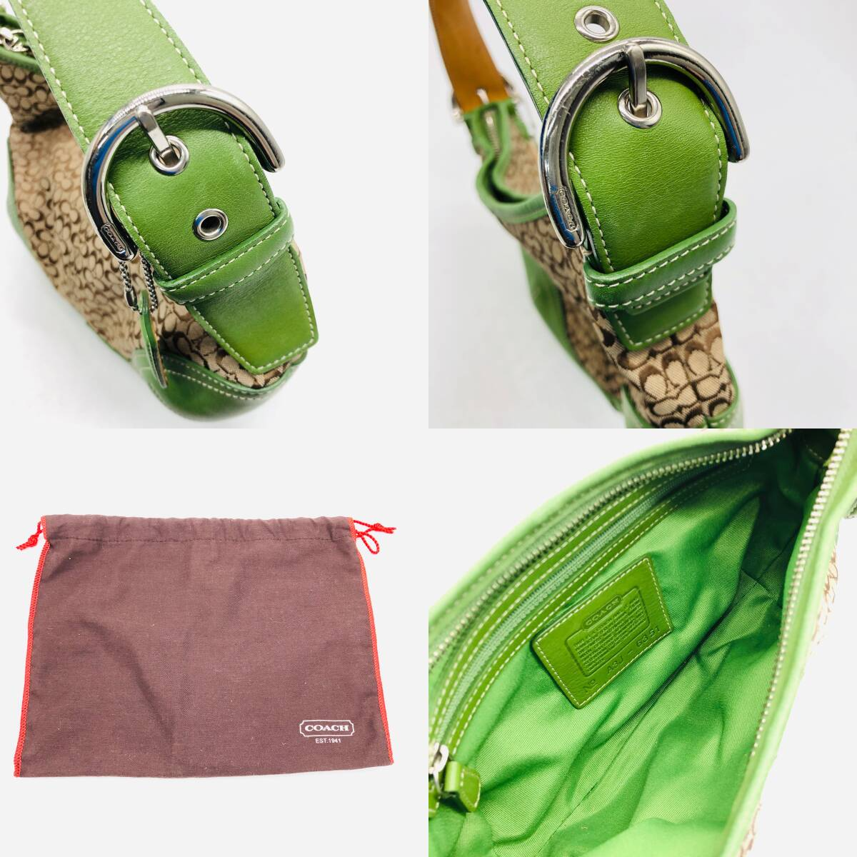 Coach 6351 Green Signature Canvas Leather Mini Shoulder Hobo Bag