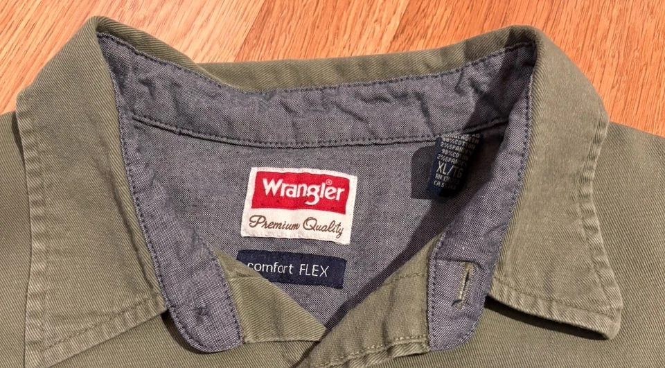 Camisa de algodón con botones Wrangler Denim Comfort Flex verde XL manga larga para hombre Foto 4 de 4