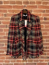 Mango Plaid Tweed Fringe Blazer Jacket Black Red Yellow White Medium