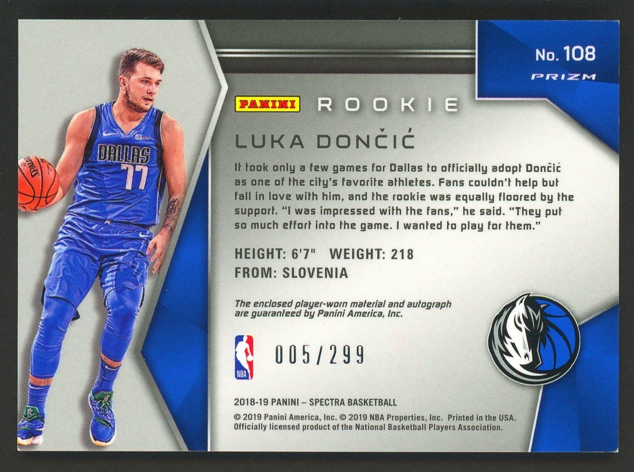 2018-19 Spectra Silver Prizm Luka Doncic RPA RC Rookie Patch ON CARD AUTO /299 view 2