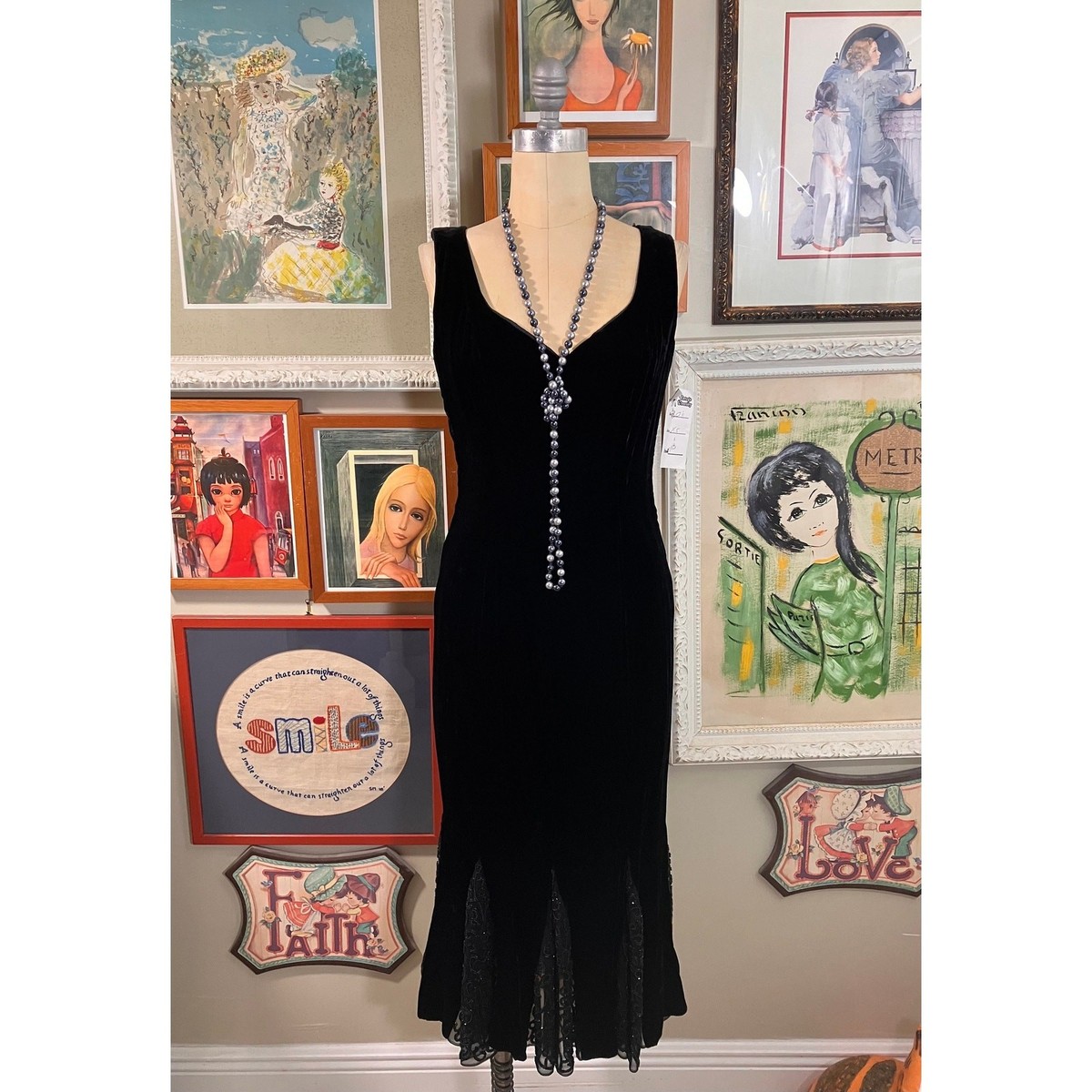 1980s Lillie Rubin Black Velvet Evening Dress Vintage Beaded Drop Waist  Gatsby
