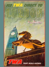 Fly TWA Direct To London Trans World Airlines Vintage Travel Poster Print