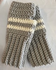 Handmade Crochet Fingerless Gloves, Light Gray/Off White. Adult One Size.