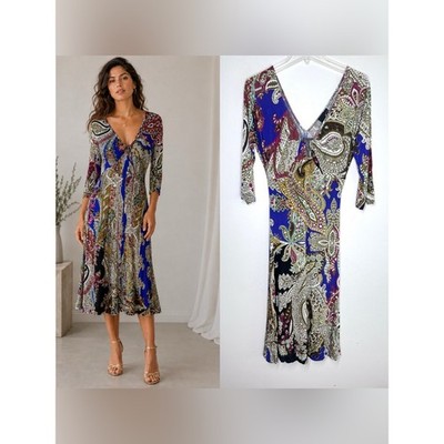 Just Cavalli Paisley Print Stretch Jersey Dress Buckle Detail Italy Sz 44 (US 8)