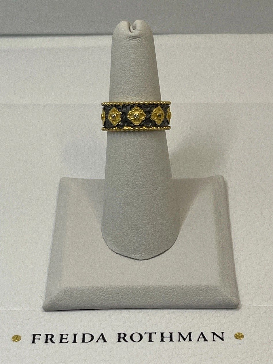 Freida Rothman 14k Gold & Rhodium over SS 925 Beaded Edge Clover Ring Size 6