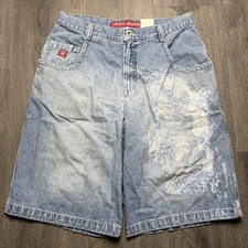Vtg JNCO Dragon Embroidered Jean Shorts Jorts Y2K Sz 38 Baggy Stains