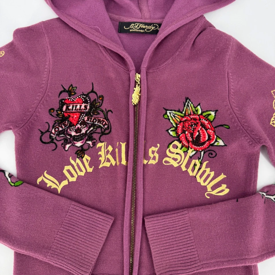 Sudadera con Capucha Ed Hardy Love Kills Slowly Cremallera Púrpura XS Estrás Tatuaje Y2K De Colección Foto 4 de 4