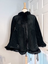 NWT Adrienne Landau Black Genuine SUEDE Laser Cut Cape With Faux Fur Trim