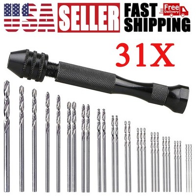 31Pcs Mini Micro Hand Drill Bits Set Small Manual Keyless Chuck Pin Vise Rotary