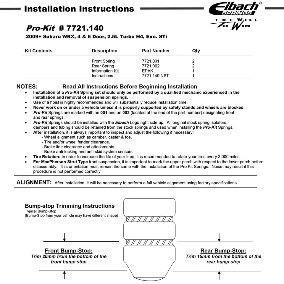 Kit de resortes rebajadores delanteros traseros Eibach 7721.140 PRO-KIT para Impreza WRX 2009-12 Foto 2 de 4