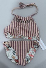 O'neill Kid Girl's Striped Ren Hi-Neck Two Piece Tie Top Bottom Swimsuit Sz 7