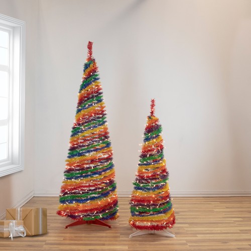 Northlight 6' Rainbow Tinsel Pop-Up Artificial Christmas Tree, Clear Lights - Picture 2 of 6