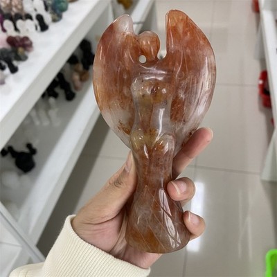 0.7LB 5.9''Natural Red Fire Quartz Angel Crystal Heal Quartz Carving Reiki Gift