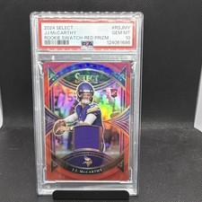 Panini Select 2024 J.J. McCarthy Rookie Swatches Red Prizm RS-JMY PSA 10