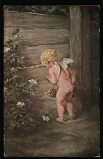 Künstler-AK Amor auf der Lauer an einem Zaun