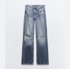 ZARA 6 High Rise Full Length Wide Leg Ripped Jeans 6045 011 NWT