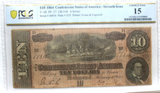 T 68 1864 $10 CSA,TEN Dollar Confederate States, PCGS 15 FINE PF27 R1
