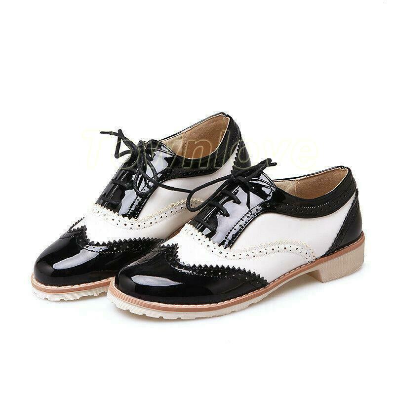 New Women Lace Up Saddle Oxford Shoes Black and White Cuban Heel Casual  Brogues