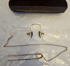 Antique Women's Pince Nez Rimless Glasses 1900's Chain  Hairpin Clamshell Case
