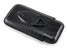 Black Leather Croco Embossed 3 Tube Cigar Case & Plastic Cutter Set