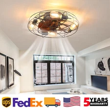 20 inch Caged Ceiling Fan Light Black Farmhouse Flush Mount w Remote Control Kit