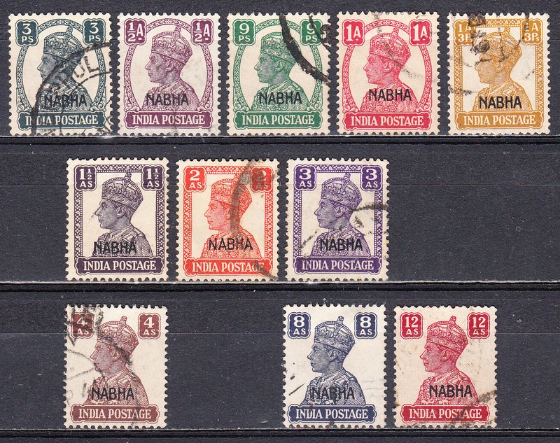 INDIA NABHA 1942-46 KGVI DEFINITIVE SHORT SET TO 12a VALUE SCOTT 100/112 USED