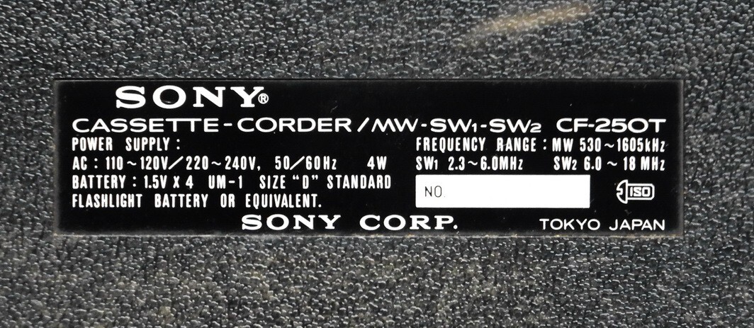 VINTAGE SONY CASSETTE CORDED MW-SW1-SW2 MODEL CF-250T TAP RECORDER
