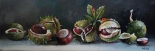 Chestnuts Still Life Painting, Realistic Oil on Canvas, Autumn Nature Artwork
