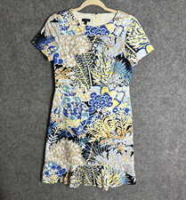 Talbots Dress Women's Petite 2P Blue Beige Floral Short Sleeve Shift Ruffle Hem