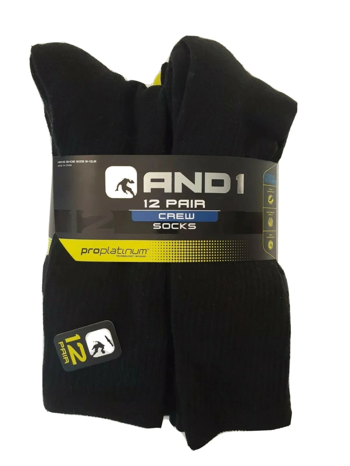 AND1 Black 12 Pair ProPlatinum Crew Socks Arch Compression Proplatinum