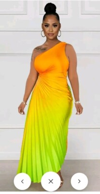 Fading Color One Shoulder Sleeveless Asymmetric Pleated Hem Vacation Maxi...