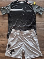 NWT Under Armour YXL Black/Light Light Gray/Gray BIG LOGO Shorts Set XL